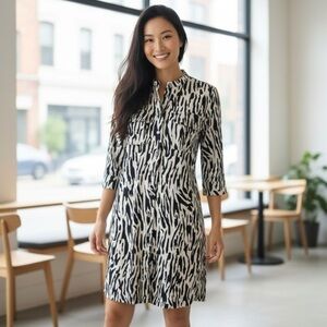 Dana Buchman Zebra Print Shirt Dress Size 10 Black White Cotton Blend